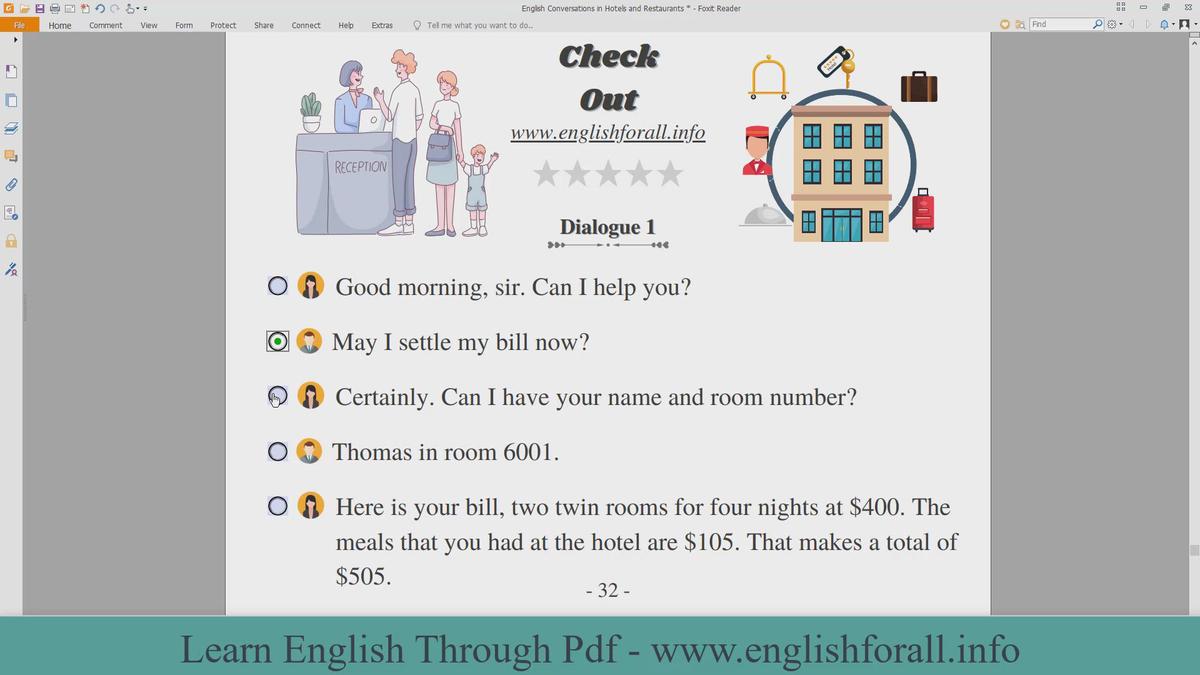 'Video thumbnail for English Conversations in Hotels and Restaurants - Check Out'